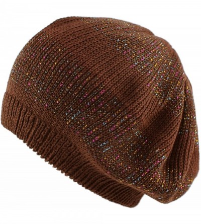 Berets Women's Warm Metallic Stripe Knit Beret Hat - Brown - CZ11LGXXWYX $9.41