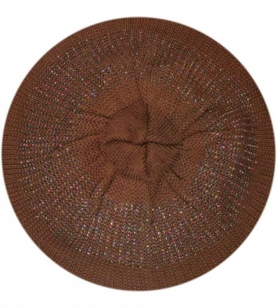 Berets Women's Warm Metallic Stripe Knit Beret Hat - Brown - CZ11LGXXWYX $9.41