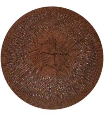 Berets Women's Warm Metallic Stripe Knit Beret Hat - Brown - CZ11LGXXWYX $9.41