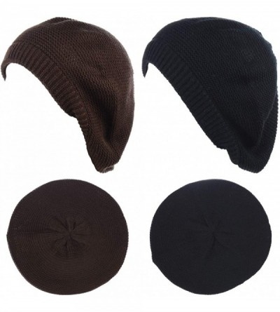 Berets Chic French Style Lightweight Soft Slouchy Knit Beret Beanie Hat in Solid - 2-pack Brown & Black - CN18LCCRH9R $16.48