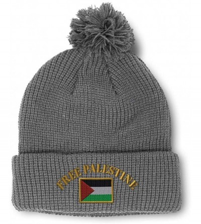 Skullies & Beanies Winter Pom Pom Beanie for Men & Women Free Palestine Flag Embroidery 1 Size - Light Grey - CX18ZH5U6HY $15.93