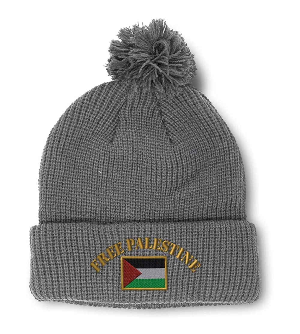 Skullies & Beanies Winter Pom Pom Beanie for Men & Women Free Palestine Flag Embroidery 1 Size - Light Grey - CX18ZH5U6HY $15.93