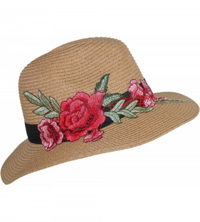 Fedoras Women's Paper Braid Fedora with Rose Stem Embroidery - Tan - C0180ZWNY42 $25.49