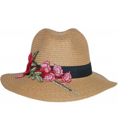 Fedoras Women's Paper Braid Fedora with Rose Stem Embroidery - Tan - C0180ZWNY42 $25.49