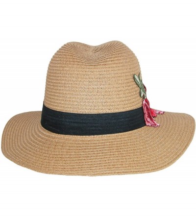 Fedoras Women's Paper Braid Fedora with Rose Stem Embroidery - Tan - C0180ZWNY42 $25.49