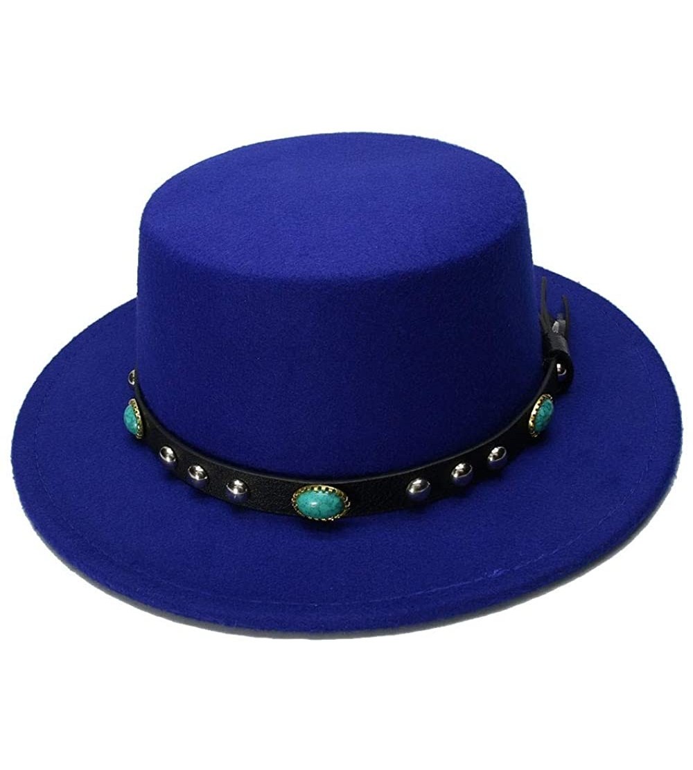 Fedoras Pork Pie Vintage Wool Wide Brim Top Cap Pork Pie Pork-Pie Bowler Hat Skull Bead Leather Band for Women Men - Blue - C...