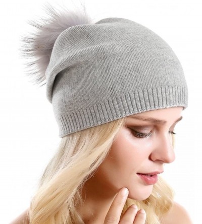 Skullies & Beanies Women Knit Wool Beanie - Winter Solid Cashmere Ski Hats Real Raccoon Fur Pom Pom - CF185TG9ZMQ $15.00