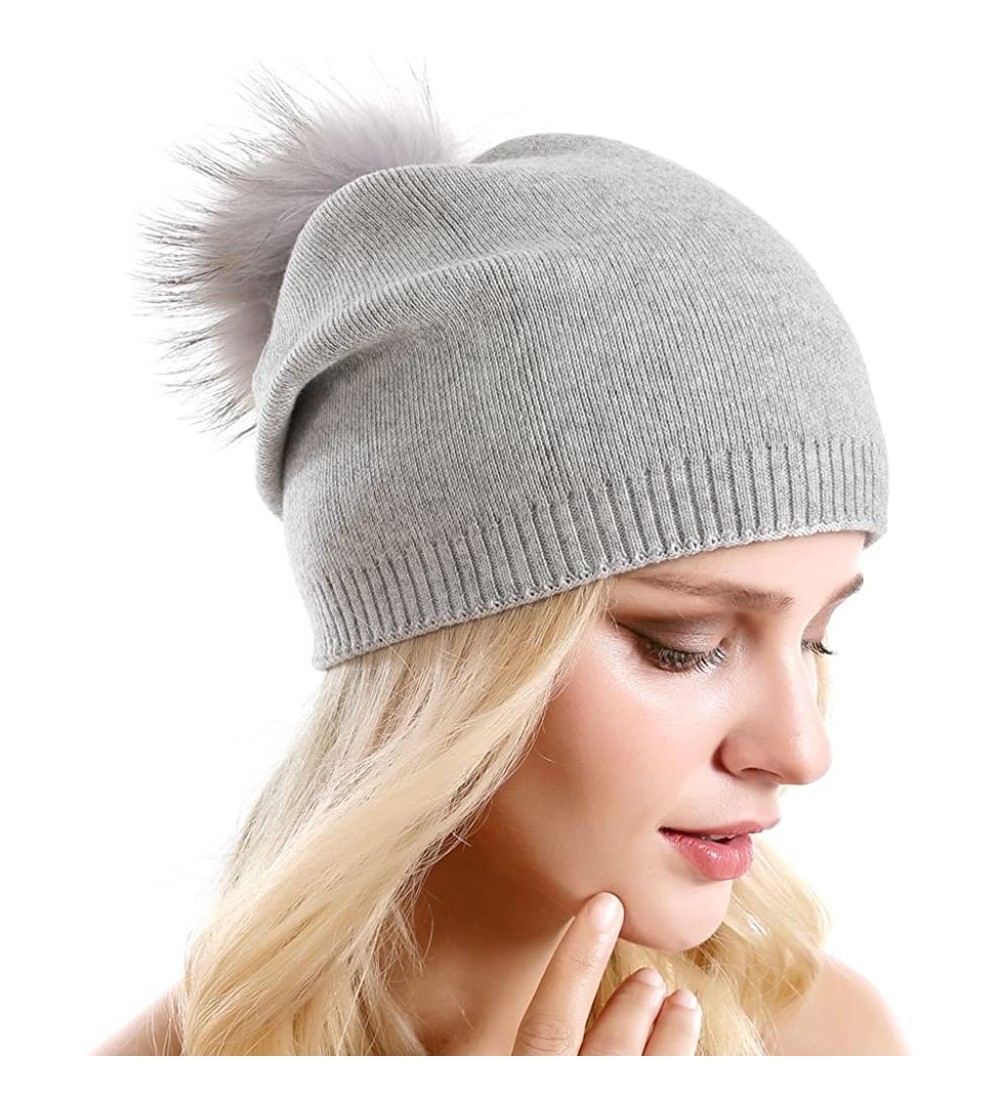 Skullies & Beanies Women Knit Wool Beanie - Winter Solid Cashmere Ski Hats Real Raccoon Fur Pom Pom - CF185TG9ZMQ $15.00