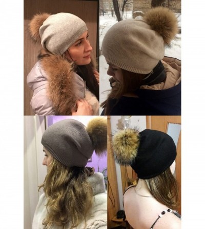 Skullies & Beanies Women Knit Wool Beanie - Winter Solid Cashmere Ski Hats Real Raccoon Fur Pom Pom - CF185TG9ZMQ $15.00