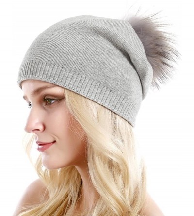 Skullies & Beanies Women Knit Wool Beanie - Winter Solid Cashmere Ski Hats Real Raccoon Fur Pom Pom - CF185TG9ZMQ $15.00