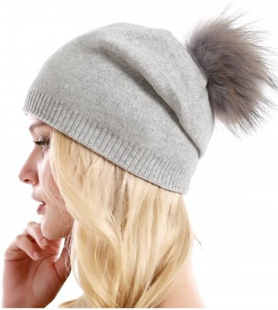 Skullies & Beanies Women Knit Wool Beanie - Winter Solid Cashmere Ski Hats Real Raccoon Fur Pom Pom - CF185TG9ZMQ $15.00