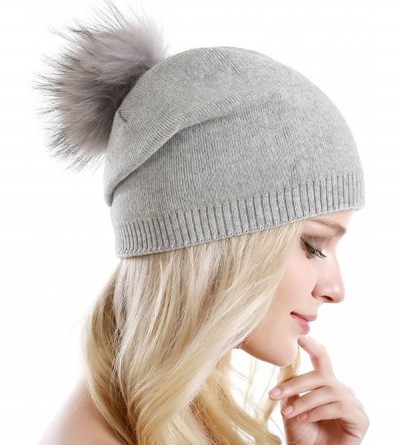 Skullies & Beanies Women Knit Wool Beanie - Winter Solid Cashmere Ski Hats Real Raccoon Fur Pom Pom - CF185TG9ZMQ $15.00