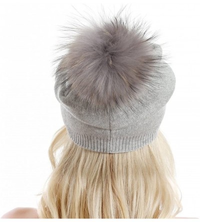 Skullies & Beanies Women Knit Wool Beanie - Winter Solid Cashmere Ski Hats Real Raccoon Fur Pom Pom - CF185TG9ZMQ $15.00