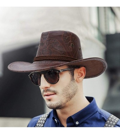 Cowboy Hats Men Women's Western PU Leather Cowboy Hat Wide Brim Outback Hat UV Protection - Coffee - CU18QQ4D3QG $10.53