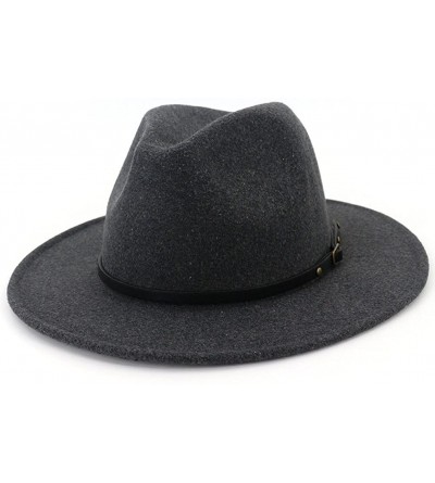 Fedoras Women Wide Brim Wool Fedora Panama Hat with Belt Buckle - A-dark-gray - CL18GM87IDM $33.92