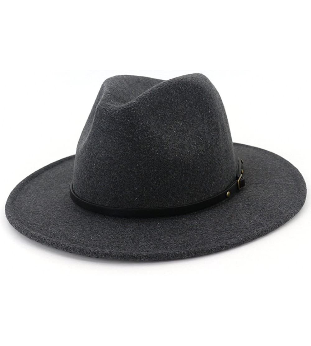 Fedoras Women Wide Brim Wool Fedora Panama Hat with Belt Buckle - A-dark-gray - CL18GM87IDM $12.56