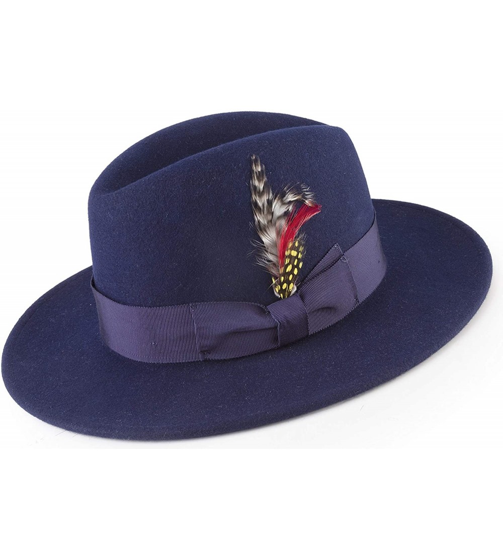 Skullies & Beanies Long Lasting Wide Brim 2 7/8 Wool Felt Dress Hat for Men H61 - Navy - CZ18HNZMRMD $57.52
