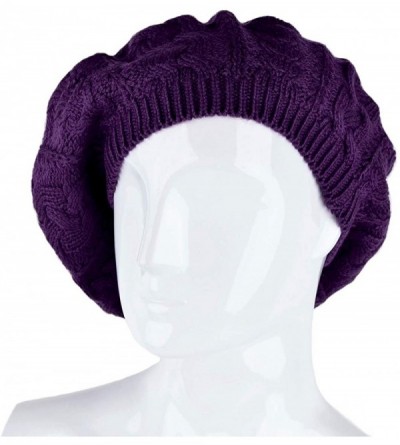 Skullies & Beanies Soft Lightweight Crochet Beret for Women Solid Color Beret Hat - One Size Slouchy Beanie - Dark Purple - C...