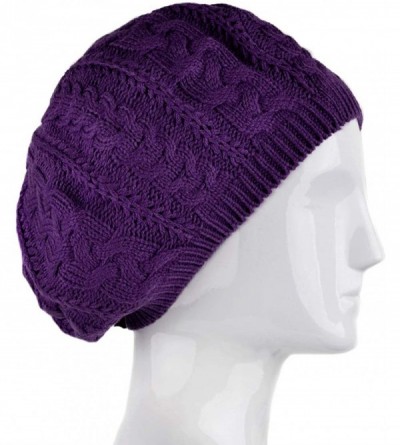 Skullies & Beanies Soft Lightweight Crochet Beret for Women Solid Color Beret Hat - One Size Slouchy Beanie - Dark Purple - C...