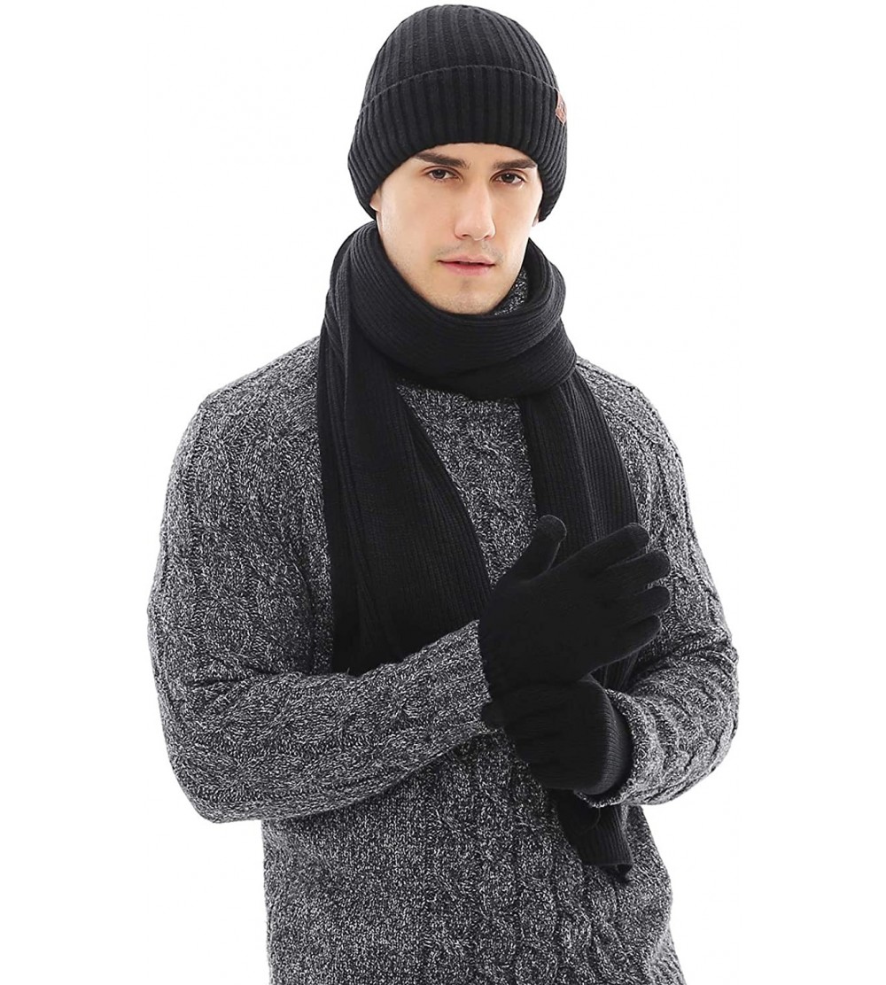 Skullies & Beanies Men Winter Warm Knit Beanie Hat+Infinity Scarf & Touch Screen Gloves Set for Men - Black - CT18MGX2DWO $19.92