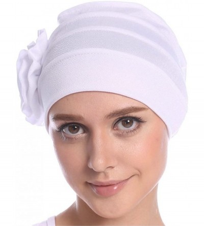 Skullies & Beanies Women Chemo Cap Turban Headwear Sleep Hat with Elegant Side Flower Pleated Skull Caps - White - C0183WLAZY...