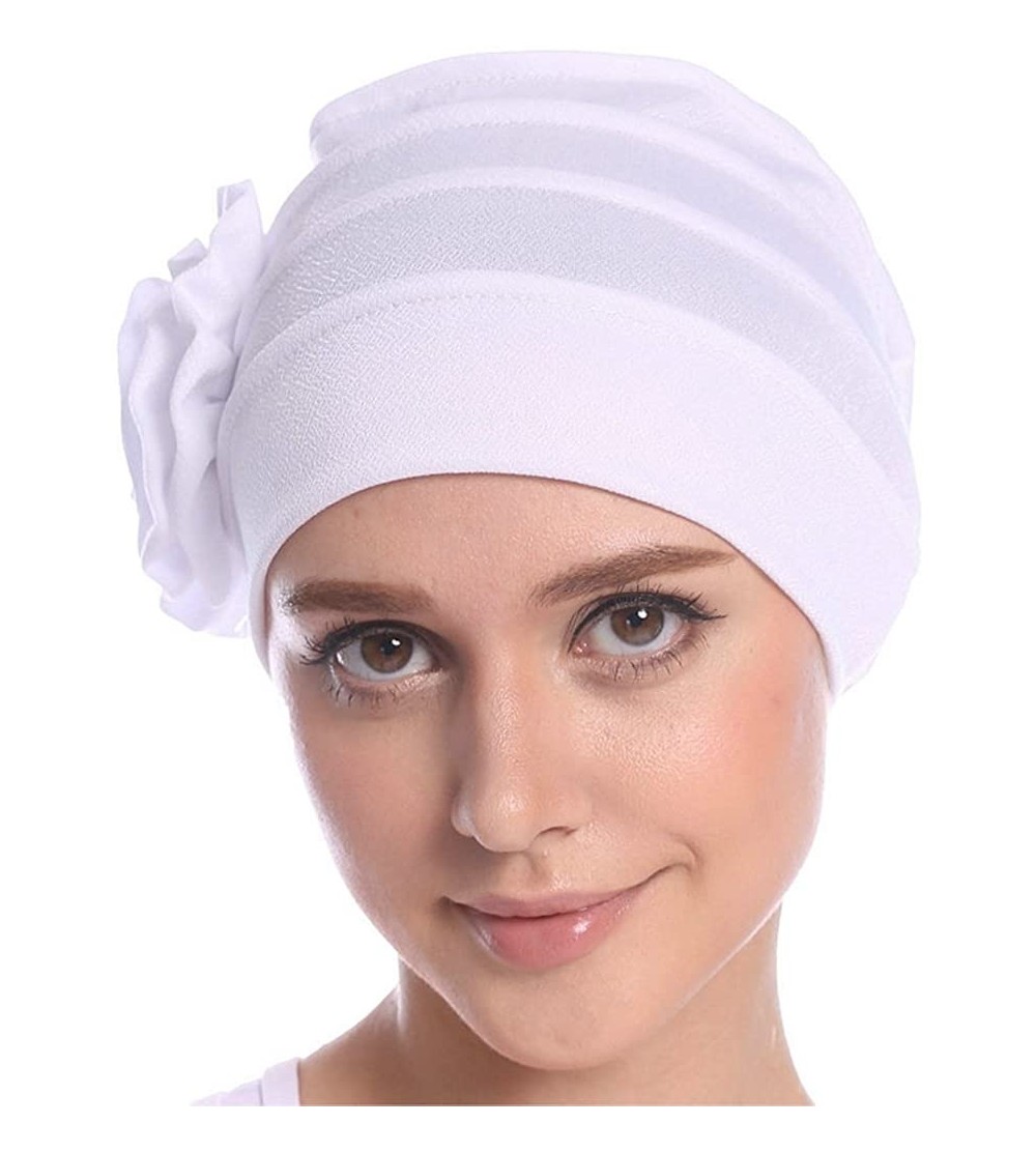 Skullies & Beanies Women Chemo Cap Turban Headwear Sleep Hat with Elegant Side Flower Pleated Skull Caps - White - C0183WLAZY...
