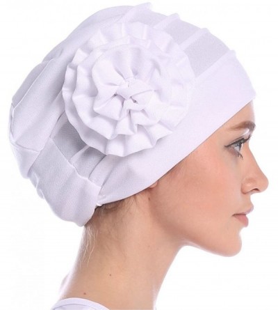 Skullies & Beanies Women Chemo Cap Turban Headwear Sleep Hat with Elegant Side Flower Pleated Skull Caps - White - C0183WLAZY...