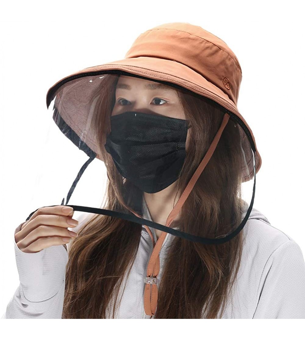 Newsboy Caps Womens UPF50+ Linen/Cotton Summer Sunhat Bucket Packable Hats w/Chin Cord - 00021_brown(with Face Shield) - C819...