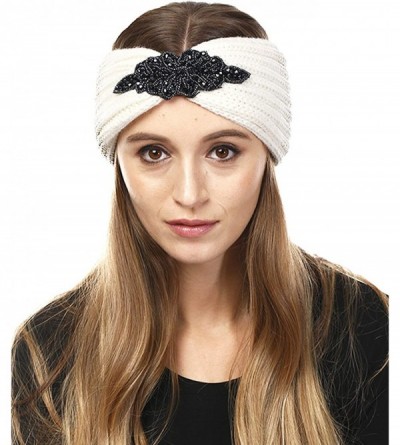 Cold Weather Headbands Women's Winter Sequin Flower Knitted Headband Ear Warmern - Bead - Ivory - CV18HD58D3A $10.23