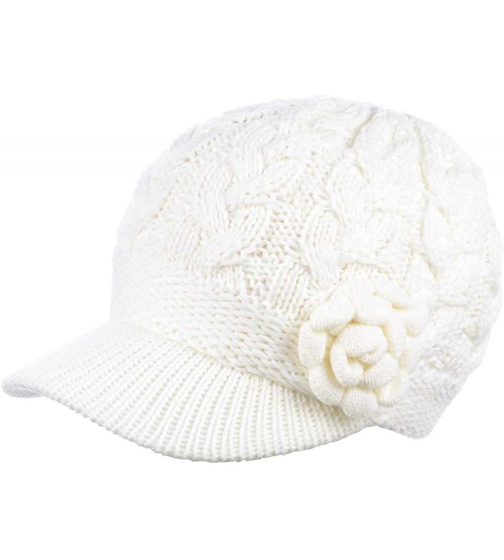 Newsboy Caps Women's Winter Fleece Lined Elegant Flower Cable Knit Newsboy Cabbie Hat - White Cable Flower - CQ18IIK8NHN $17.94