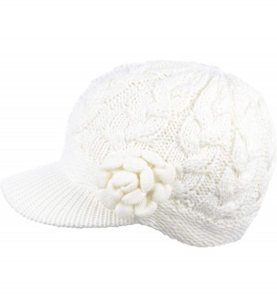 Newsboy Caps Women's Winter Fleece Lined Elegant Flower Cable Knit Newsboy Cabbie Hat - White Cable Flower - CQ18IIK8NHN $17.94