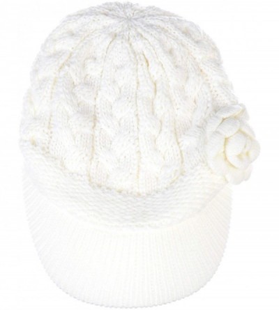 Newsboy Caps Women's Winter Fleece Lined Elegant Flower Cable Knit Newsboy Cabbie Hat - White Cable Flower - CQ18IIK8NHN $17.94