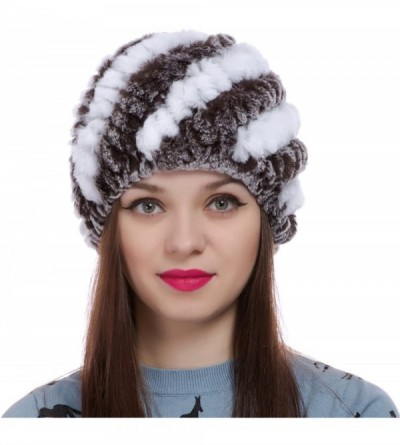 Skullies & Beanies Women's Real Rex Rabbit Fur Knitted Beanie Winter Warm Hats Caps - White + Brown - C612O092765 $31.27