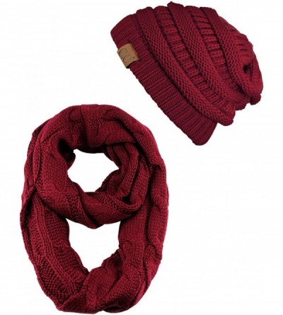 Skullies & Beanies Unisex Soft Stretch Chunky Cable Knit Beanie and Infinity Loop Scarf Set- Burgundy - CQ18KIT72IX $20.12