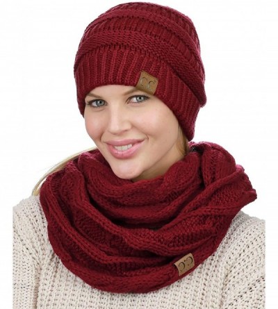Skullies & Beanies Unisex Soft Stretch Chunky Cable Knit Beanie and Infinity Loop Scarf Set- Burgundy - CQ18KIT72IX $20.12