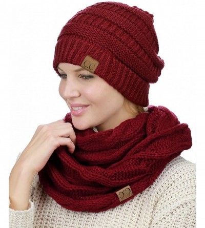 Skullies & Beanies Unisex Soft Stretch Chunky Cable Knit Beanie and Infinity Loop Scarf Set- Burgundy - CQ18KIT72IX $20.12