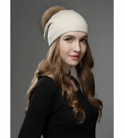 Skullies & Beanies Women Winter Kintted Beanie Hats with Real Fox Fur Pom Pom - Z-beige - CN18L8IQ4IN $12.36