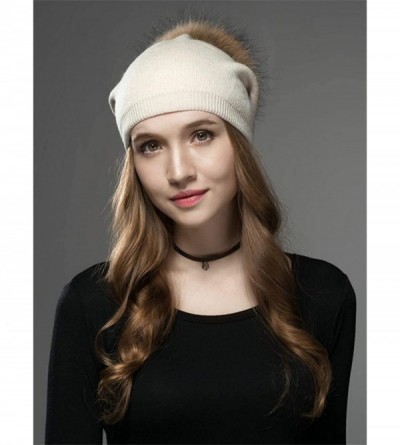 Skullies & Beanies Women Winter Kintted Beanie Hats with Real Fox Fur Pom Pom - Z-beige - CN18L8IQ4IN $12.36