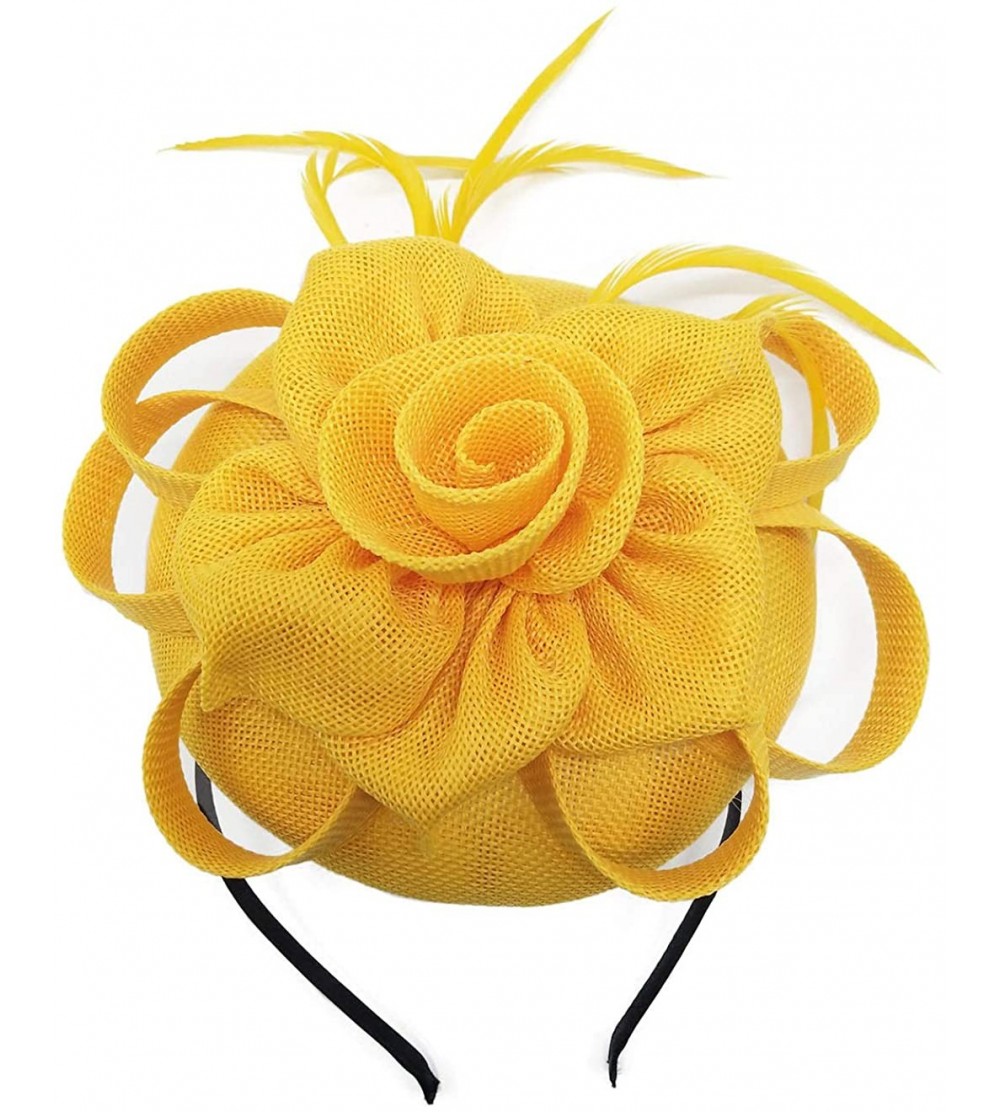 Berets Womens Fascinator Hat Sinamay Pillbox Flower Feather Tea Party Derby Wedding Headwear - Yellow - CE18N0QEHEH $12.22