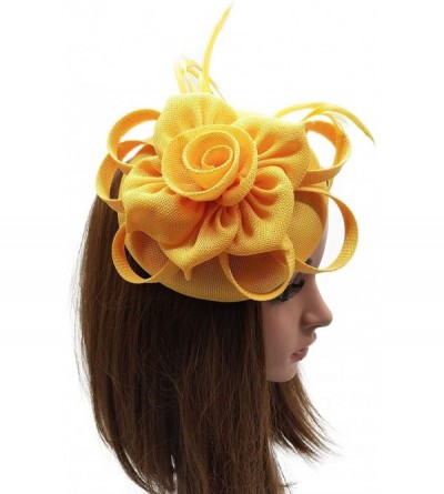 Berets Womens Fascinator Hat Sinamay Pillbox Flower Feather Tea Party Derby Wedding Headwear - Yellow - CE18N0QEHEH $12.22