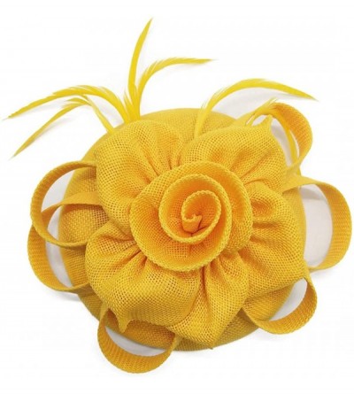 Berets Womens Fascinator Hat Sinamay Pillbox Flower Feather Tea Party Derby Wedding Headwear - Yellow - CE18N0QEHEH $12.22