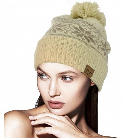 Skullies & Beanies Exclusive Snowflake Pattern Pom Pom Winter Cuff Beanie Hat - Beige - CG12709FAVN $9.39