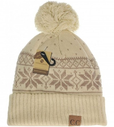 Skullies & Beanies Exclusive Snowflake Pattern Pom Pom Winter Cuff Beanie Hat - Beige - CG12709FAVN $9.39