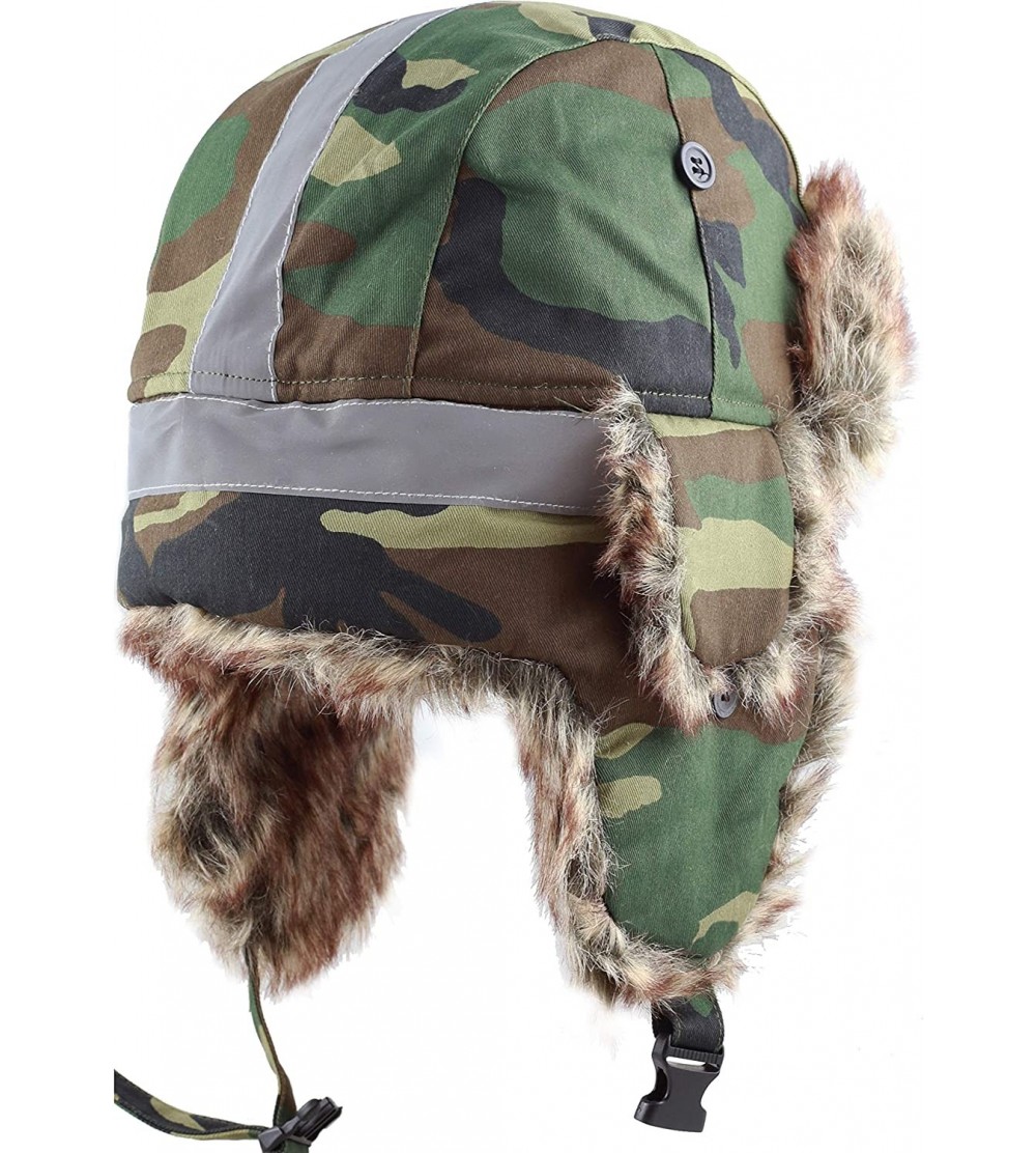 Bomber Hats Safety Reflective Faux Fur Aviator Kids Adult Trapper Hat Snow Ski Trooper Winter Cap - Woodland Camo - CQ18K32XD...