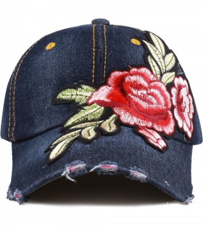 Baseball Caps 200 Bling Jewel Rhinestone Rose Patch Washed Denim Baseball Cap - 16. Rose Patch-4 - C418RE3UAEM $12.62