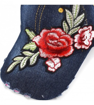 Baseball Caps 200 Bling Jewel Rhinestone Rose Patch Washed Denim Baseball Cap - 16. Rose Patch-4 - C418RE3UAEM $12.62