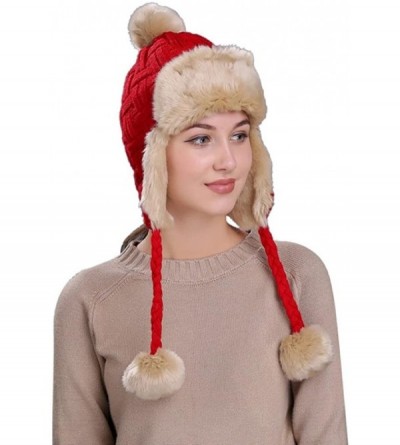 Skullies & Beanies Warm Women Knit Peruvian Beanie Wool Hat Winter Ski Cap with Ear Flaps - Red - CC187Q4GZKA $11.28