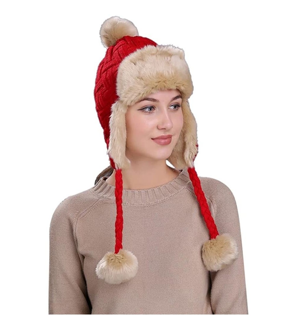 Skullies & Beanies Warm Women Knit Peruvian Beanie Wool Hat Winter Ski Cap with Ear Flaps - Red - CC187Q4GZKA $11.28