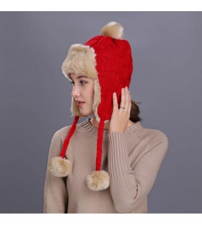 Skullies & Beanies Warm Women Knit Peruvian Beanie Wool Hat Winter Ski Cap with Ear Flaps - Red - CC187Q4GZKA $11.28