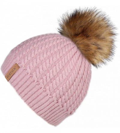 Sun Hats Winter Beanie for Women Warm Knit Bobble Skull Cap Big Fur Pom Pom Hats for Women - 09 Pink - CR18I2EMMXL $26.13